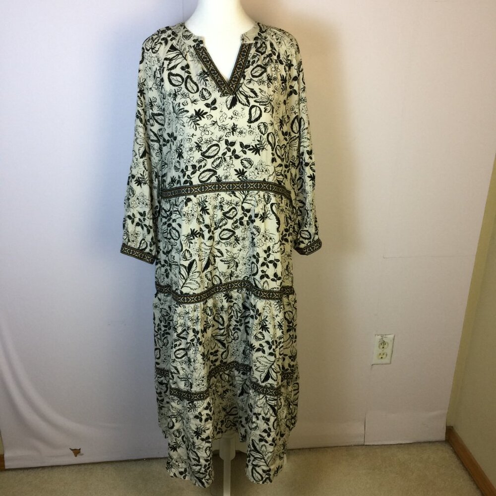 Lapis Midi Dress Size L Womens Ivory Black Paisley Embroidered V-neck Boho Rayon